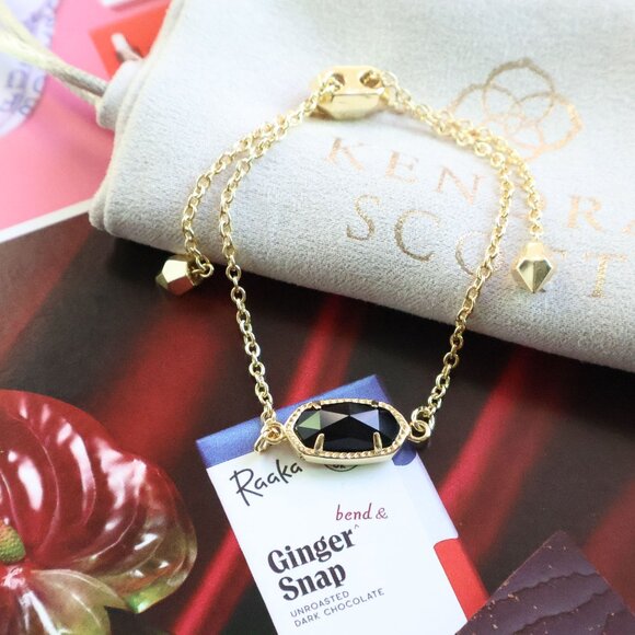 💕 Kendra Scott Elaina Black Opaque Glass Adjustable Chain Bracelet Gold - Picture 1 of 2